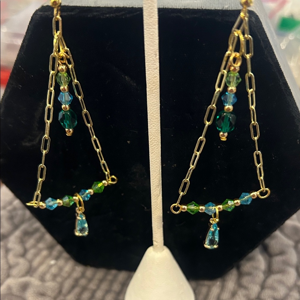 Vintage Blue & Green Crystal Dangle Earrings-NWT